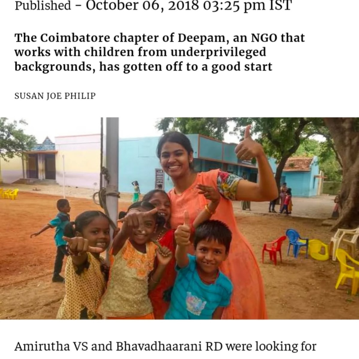 Amirutha : 7+ years at Deepam

A natural leader, Amirutha helped start Deepam in Coimbatore in 2018.

She is a force of nature! She could just simply inspire everyone around her, to take an action, do something. She brought her friends, her family and everyone she knew, to volunteer at Deepam.

She even convinced the CEO of the company that she used to work & brought her colleagues to volunteer for a weekday class - a 1st at Deepam!

Through her leadership, 2 active years at Deepam in 2018/19 brought a lot of people together, with 4 active centres.