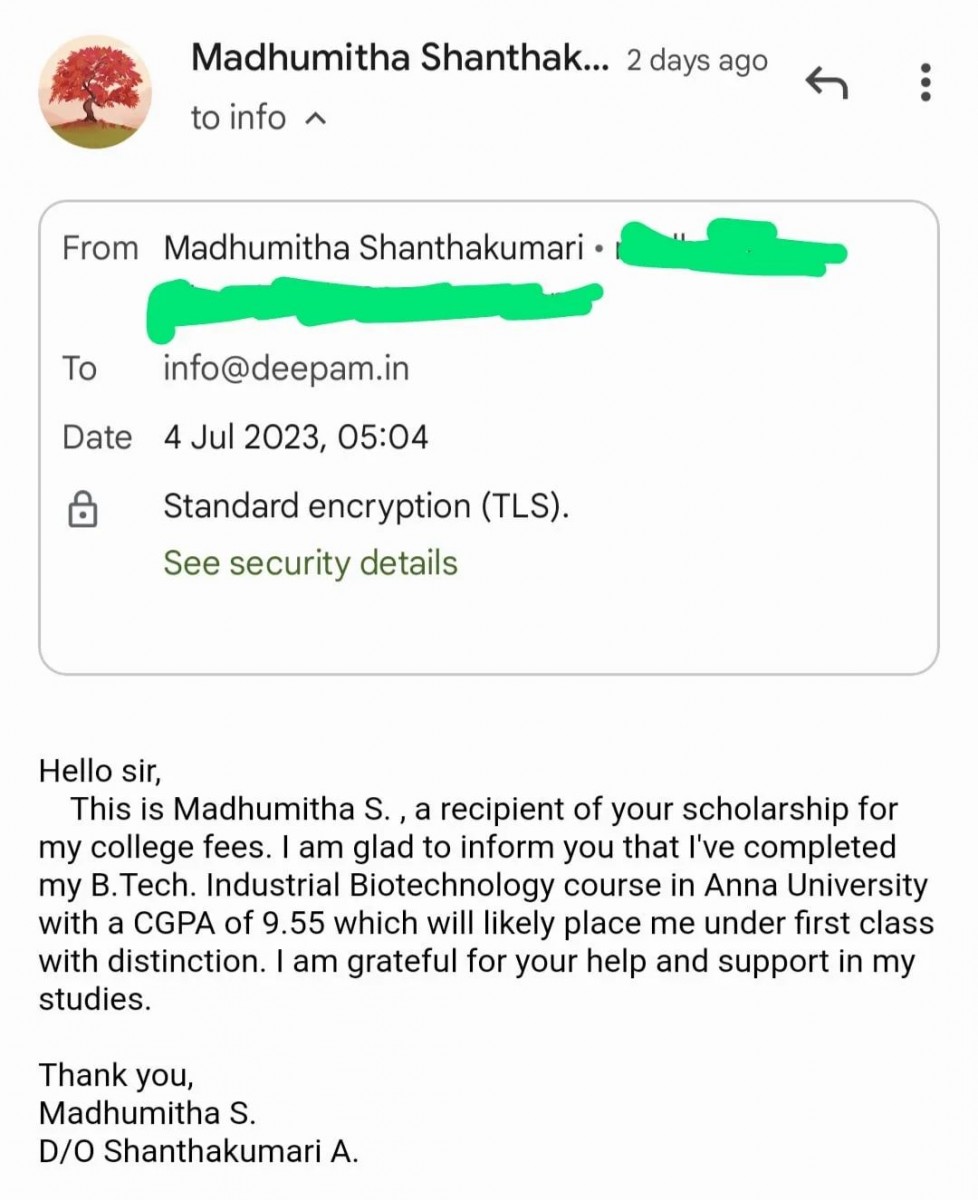 An outstanding effort by a Deepam scholarship recipient, Madhumitha.

Here is wishing her the best in all that she does..

#deepamngo #deepamvolunteer #deepamscholarship